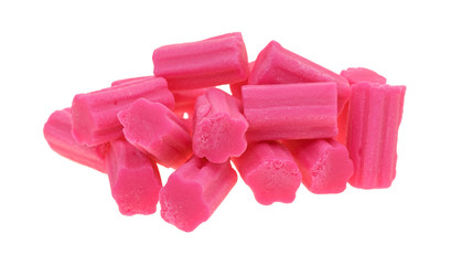 Pink bubble gum pieces on a white background.