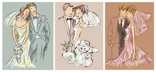 Wedding couples, bride and groom sketch set invitation vector illustration © sofiapink