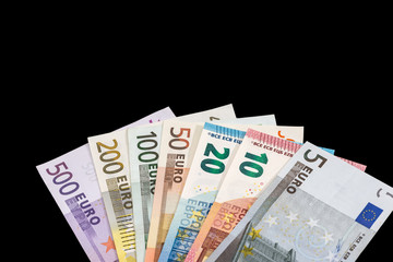 euro banknotes isolated on black
