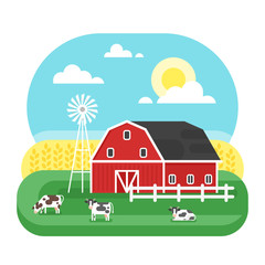 Vector flat style illustration of farm with cows.