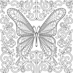 Adult coloring book with butterfly in flowers pages, zentangle v