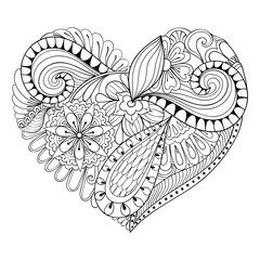 Artistic floral doodle heart in zentangle style for adult colori