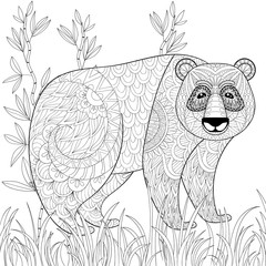 Big Panda with bamboo in zentangle, tribal style. Freehand ethni - 129420917
