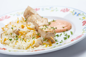 rice with chicken kebab