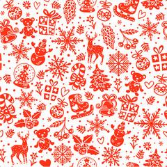 Christmas vector background, seamless tiling, great choice for wrapping paper pattern. Christmas and New year seamless vector red background . 
