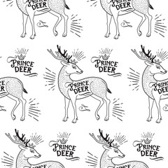 Seamless Vintage Pattern With Deers And Crown. Hipster Background In Doodle Style. Modern Texture. Vector Retro Illustration. Vintage Pattern Fabric. Vintage Pattern Shower Curtain. Pattern.