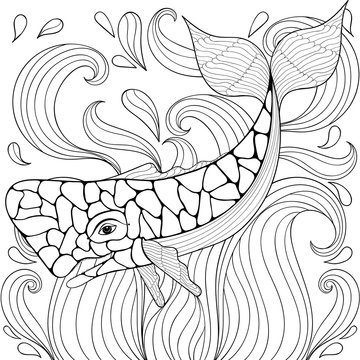 Zentangle Whale in waves. Freehand sketch for adult antistress c
