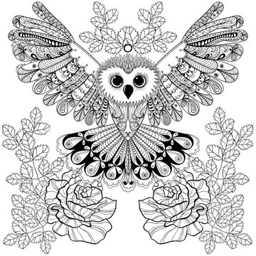 Zentangle stylized Black Owl with rose for adult anti stress col