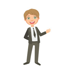 Boy In Classic Black Suit Happy Schoolkid In School Uniform Standing And Smiling Cartoon Character