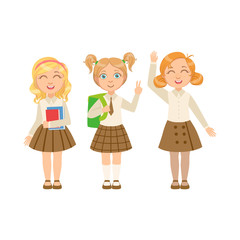 Girls In Brown Skirts Happy Schoolkids In Similar Collection School Uniforms Standing And Smiling Cartoon Character