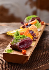 Fine dining Venison meat steak with vegetable