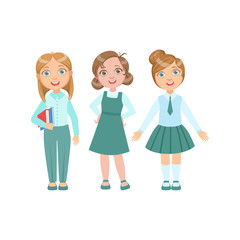 Girls In Blue Outfits Happy Schoolkids In Similar Collection School Uniforms Standing And Smiling Cartoon Character