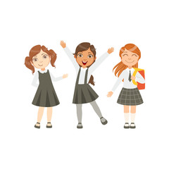 Obraz premium Girls In Black And White Outfits Happy Schoolkids In Similar Collection School Uniforms Standing And Smiling Cartoon Character