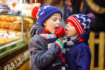 Two little kid boys eating sugar apple sweets stand on Christmas market