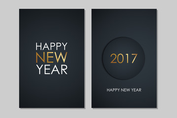 2017 Happy New Year greeting cards with golden colored elements and black background. Vector illustration.