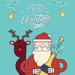 Merry Christmas greeting card. Hand drawn lettering. Santa Claus with christmas deer. Vector illustration.