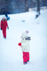 Adorable little girl having fun on winter day