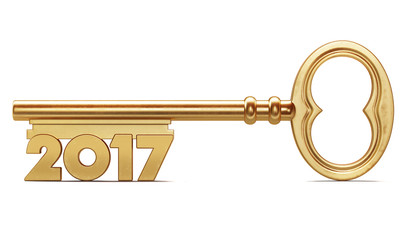 Gold 2017 old key isolated on white background. 3d render illust