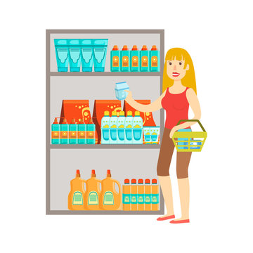 Girl Shopping For Drinks, Shopping Mall And Department Store Section Illustration