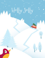 Fototapeta na wymiar Holly Jolly. Red car with tree on the roof rides the road through the forest in Christmas eve.