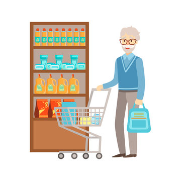 Old Man Grocery Shopping, Shopping Mall And Department Store Section Illustration