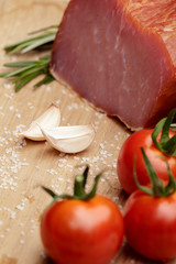 smoked Ham with mushrooms, tomato, garlic and herbs