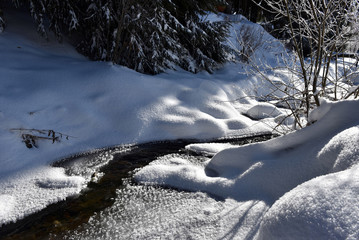 Small water stream, river covered with snow