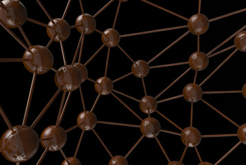 brown chocolate Molecular geometric chaos abstract structure. Science technology network connection hi-tech background 3d rendering illustration isolated on black