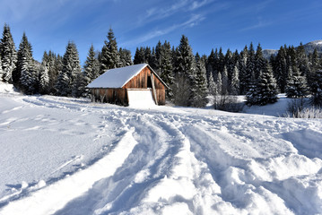 Mountain wooden chalet covered with fresh snow