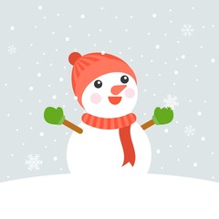 Snowman wearing knit hat, scarf, mittens looking up and rising hands in the air on snowing background for christmas theme, flat design