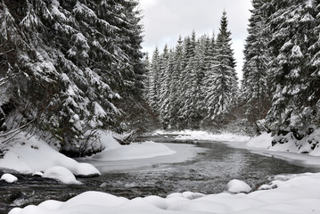 Winter landscape of a small snowy river