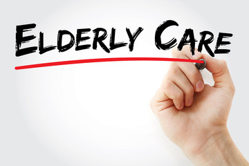 Hand writing Elderly care with marker, concept background