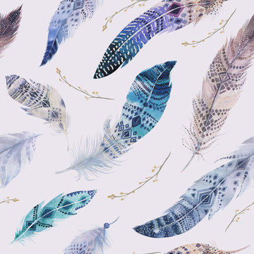 Feathers pattern. Watercolor elegant background. Watercolour col