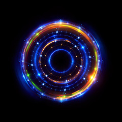 Abstract neon background. luminous swirling bunner. Glowing spiral. 
Shine round frame with light circles light effect. Glowing cover. 
Space for your message. Glossy. LED ellipse