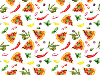 Seamless pattern with watercolor hand drawn pizza, chilli pepper, olives and lemon. Ornament for textile, wrapping, cafe, delivery, menu, snack bar design 
