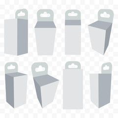 White paper hanging box set. Packaging container with hanging hole. Mock up template. Vector illustration on transparent background.