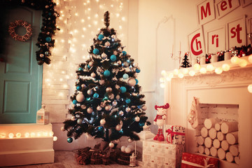 Perfect Christmas tree with gifts underneath in living room