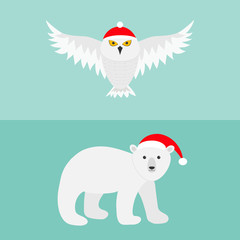 Snowy white owl. Polar bear. Red Santa hat. Flying bird with big wings. Arctic animal. Cute cartoon character. Merry Christmas greeting card. Flat design. Blue background.