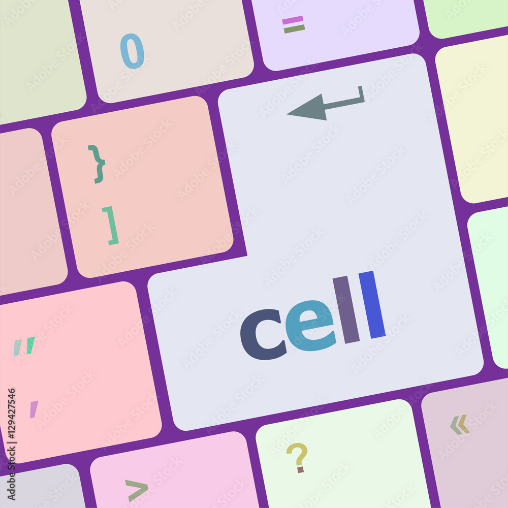 Poster cell word on keyboard key, notebook computer button