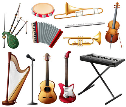 Different types of musical instrument on white