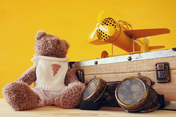 vintage toy plane and cute teddy bear
