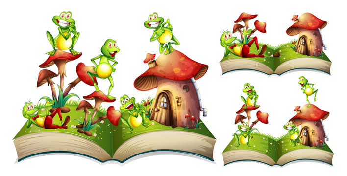 Happy frogs on storybook
