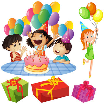 Kids at birthday party with balloons and presents