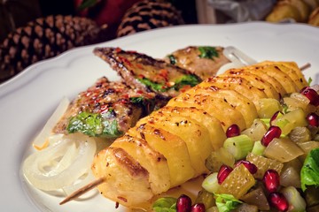 fried liver with fried potato and salt cucumbers