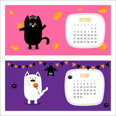 Cat calendar 2017 horizontal. Cute funny cartoon character set. September October autumn month. Orange leaf Graduation hat Academic Cap. Bat spider, flag pumpkin candy Happy Halloween Flat design