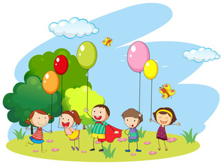 Obraz na płótnie Canvas Many kids playing balloons in the fiel