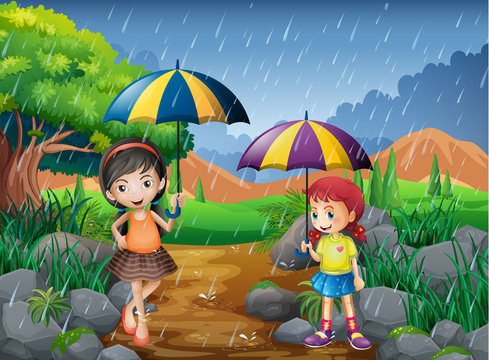 Rainy season with two girls in the park