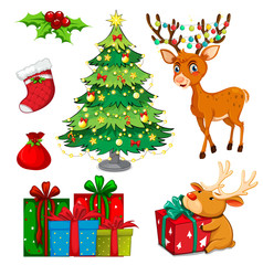 Christmas set with reindeer and christmas tree