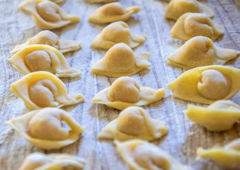 Fototapeta na wymiar Raw italian cappelletti, fresh homemade pasta stuffed with cheese and meat on rustic wood table. Natural light.