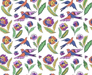 Floral seamless background pattern with flowers and birds. Colorful vector illustration hand drawn. Spring - summer season.
